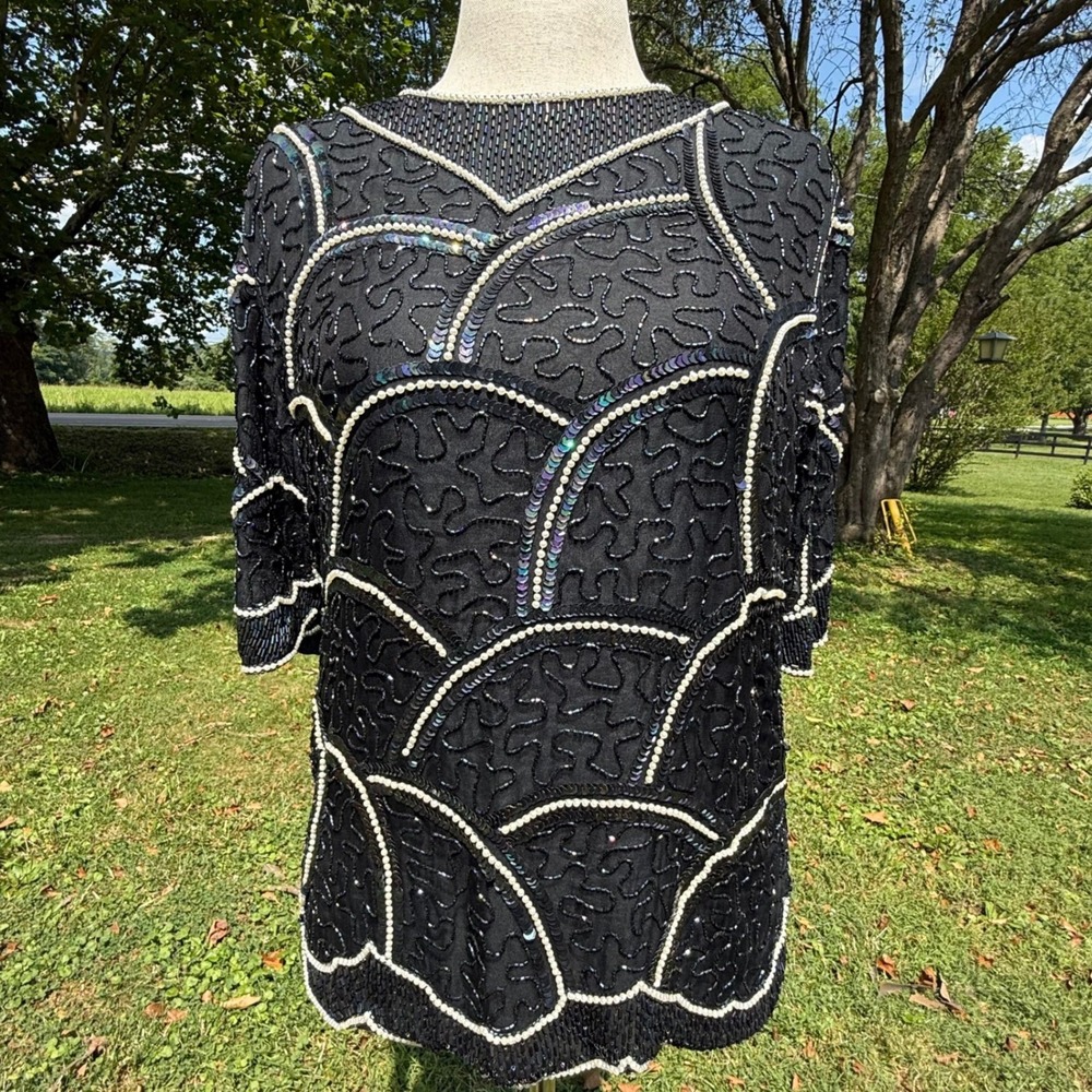 VTG Silk Beaded Evening Top Black Faux Pearl Sequin Scalloped Blouse Med 80s